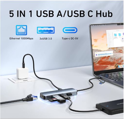 USB-C USB 3.0 to Gigabit Ethernet Adapter, 3-Port USB
