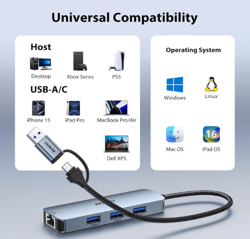USB-C USB 3.0 to Gigabit Ethernet Adapter, 3-Port USB