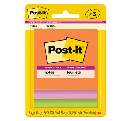 Post-it Super Sticky Notes, 3 Sticky Note Pads, 3 x 3 in, School Supplies, Ideal for Textbooks, Notebooks, Walls and Vertical Surfaces